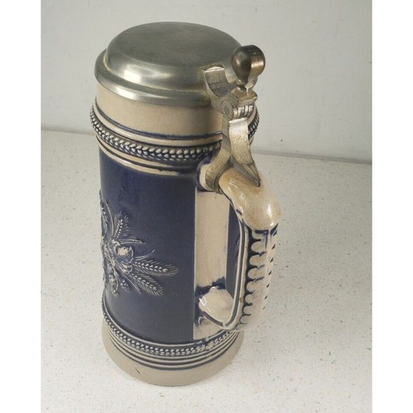 Vintage Original Gerzit Lidded German Stoneware Beer Stein Cobalt Blue Pewter - Picture 4 of 14